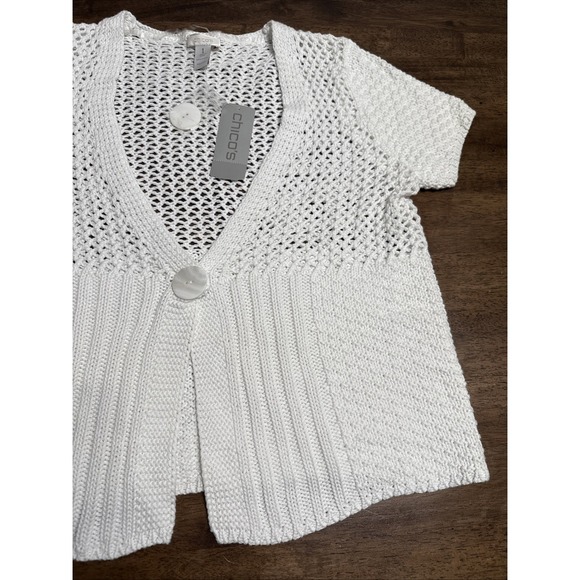Chico's Crochet Knit Cecilia Crop Cardigan Sweater White Chic Minimalist Sz 1 - Picture 3 of 9